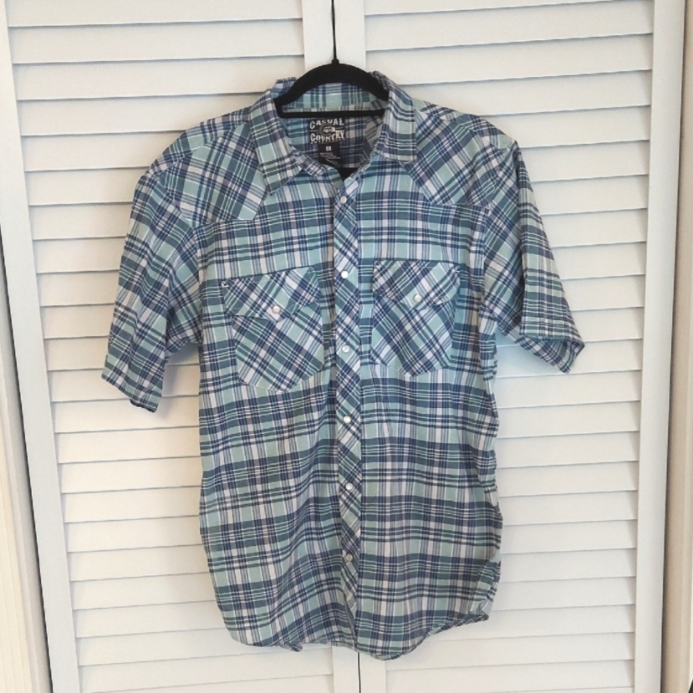Casual Country Outfitters Shirt, Sz M, Plaid, Blue, Aqua, Pearl Snaps,‎ Collar